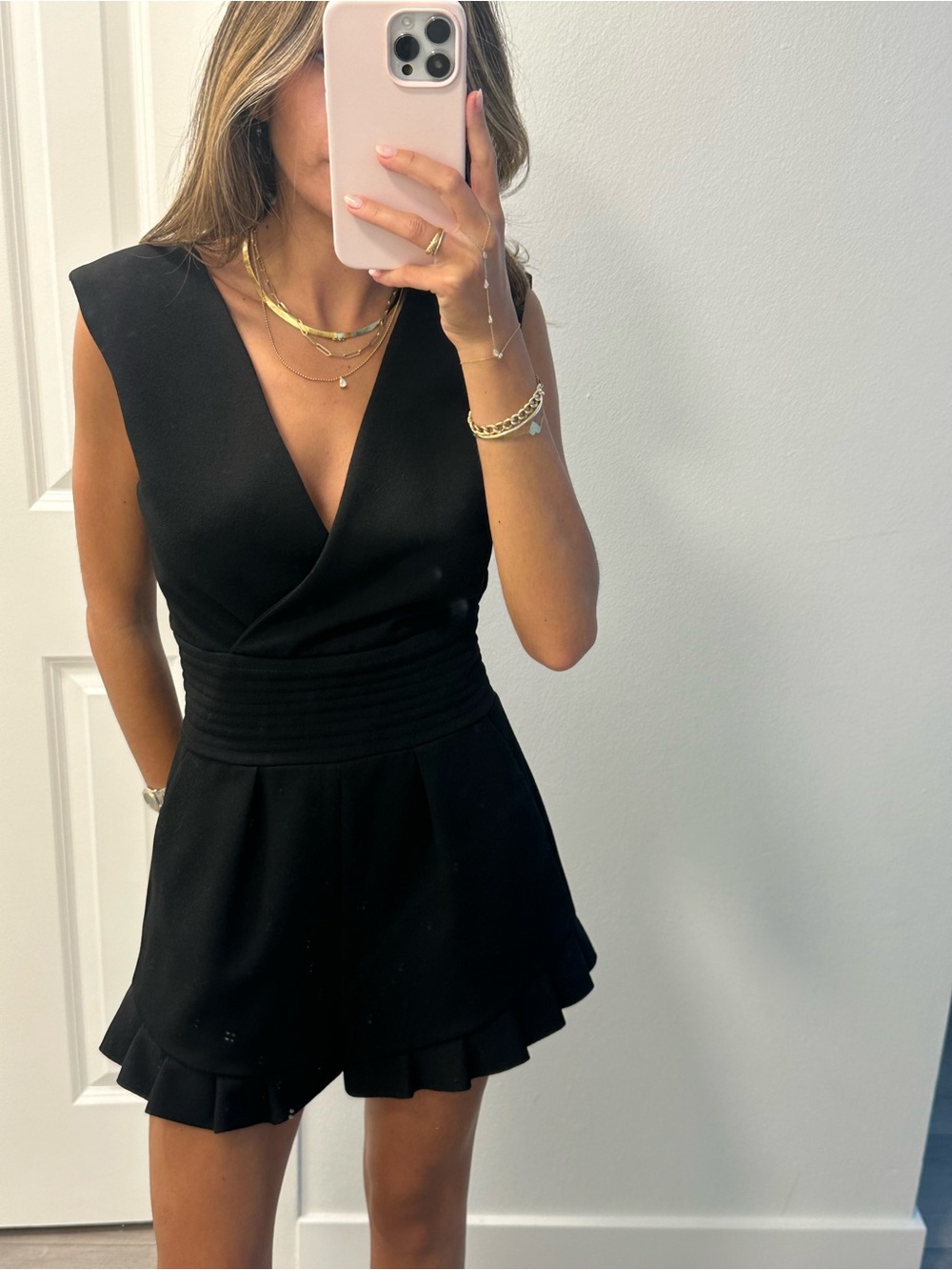 Maje Sleeveless Black V-Neck Ruffle-Hem Dress